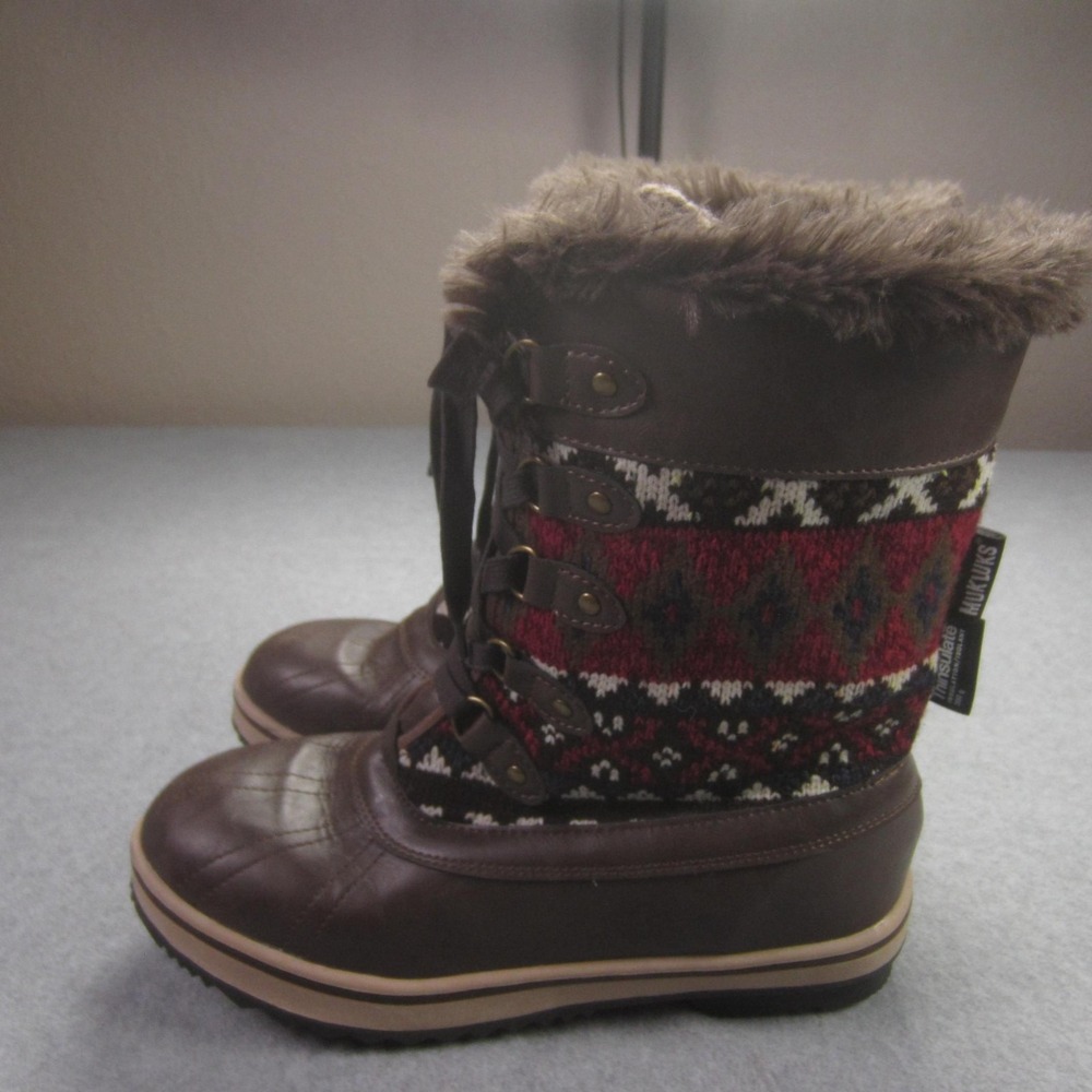 Muk Luks Winter Boots Womens 9 Brown Red Knit Thinsulate 200g Faux Fur Lined